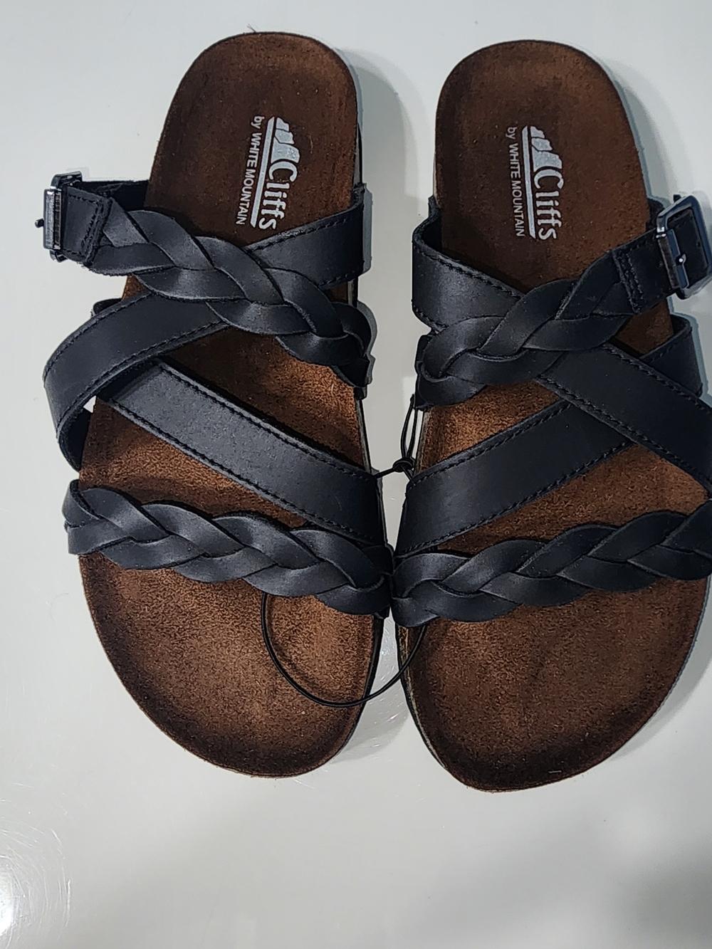 Cliffs by WHITE MOUNTAIN Black Braided Strap Slide Sandals with Buckle